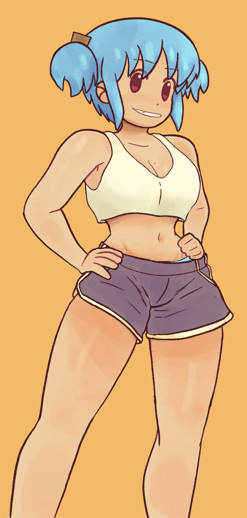 1girl blue_hair blue_shorts breasts cleavage collarbone crop_top dozo_gon hands_on_own_hips highres looking_at_viewer naganohara_mio navel nichijou shirt short_hair short_twintails shorts sidelocks simple_background small_breasts smile teeth thighs twintails white_shirt yellow_background