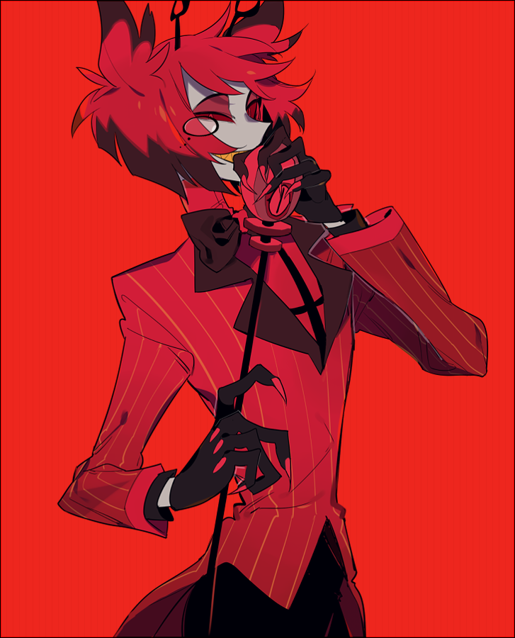 1boy alastor_(hazbin_hotel) animal_ears black_gloves black_pants blunt_ends colored_sclera colored_skin colored_teeth commentary_request eyeshadow formal_clothes gloves grey_skin grin hazbin_hotel higa423 holding holding_staff long_sleeves looking_at_viewer makeup monocle orange_teeth pants red_background red_eyes red_eyeshadow red_hair red_nails red_sclera red_suit red_theme short_hair smile solo staff striped_clothes striped_suit suit uneven_eyes upper_body vertical-striped_clothes