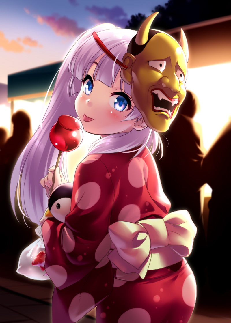 1girl blue_eyes blunt_bangs candy_apple cowboy_shot festival food japanese_clothes kamisama_ni_natta_hi kimono long_hair looking_at_viewer mask mask_on_head night noh_mask official_alternate_costume oni_mask outdoors pink_hair polka_dot polka_dot_kimono red_kimono satou_hina_(kamisama_ni_natta_hi) side_ponytail solo tongue tongue_out zen