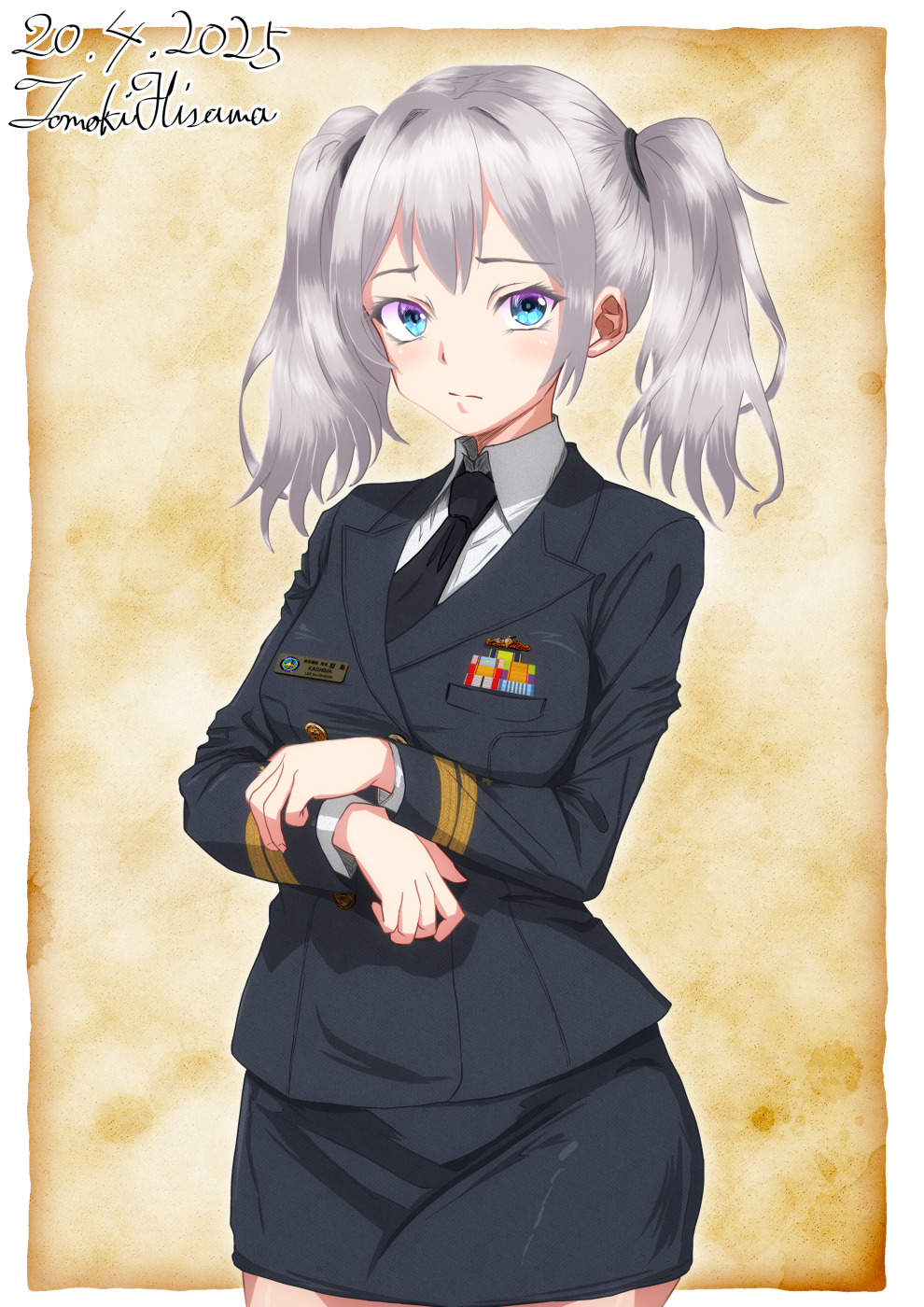 1girl alternate_costume artist_name black_jacket black_necktie black_skirt blue_eyes breasts buttons collared_shirt dated double-breasted grey_hair highres hisamatomoki jacket japan_maritime_self-defense_force japan_self-defense_force kantai_collection kashima_(kancolle) large_breasts long_sleeves looking_at_viewer military military_dress_uniform military_rank_insignia military_uniform naval_dress_uniform naval_uniform necktie one-hour_drawing_challenge ribbon_bar shirt skirt solo twintails wavy_hair white_shirt