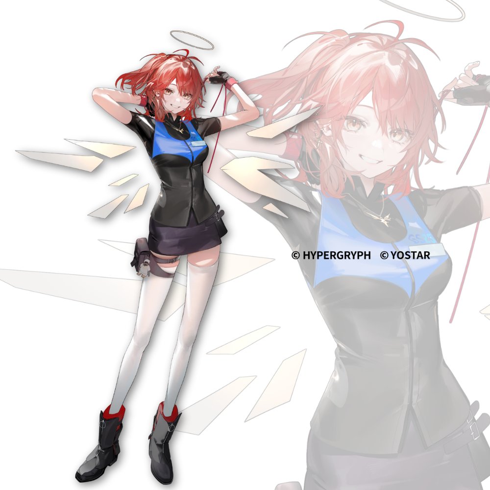 1girl arknights arm_behind_head black_boots black_gloves black_skirt boots copyright_notice detached_wings energy_wings exusiai_(arknights) exusiai_the_new_covenant_(arknights) fingerless_gloves full_body gloves halo hand_up medium_hair nishikikope parted_lips short_sleeves simple_background skirt smile solo standing thighhighs white_background white_thighhighs wings zoom_layer