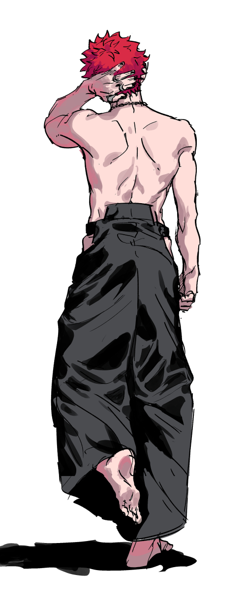 1boy arm_behind_head bare_back bare_shoulders barefoot black_nails black_pants chain chain_necklace from_behind full_body hand_on_own_head harai_kuko highres hypnosis_mic japanese_clothes jewelry male_focus necklace pants red_hair shadow short_hair simple_background solo tori_shiru