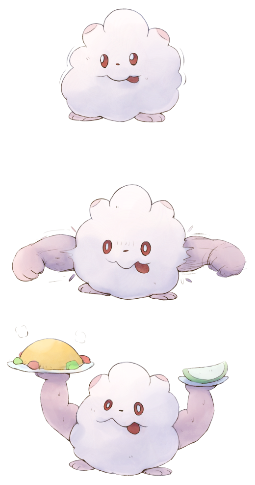 animal_focus boke-chan clenched_hands closed_mouth colored_sclera food fruit full_body gen_6_pokemon holding holding_food holding_plate looking_to_the_side melon melon_slice multiple_views nintendo no_humans omelet omurice plate pokemon pokemon_(creature) pokemon_mystery_dungeon red_sclera simple_background standing steam swirlix tongue tongue_out trembling wavy_mouth what white_background white_eyes