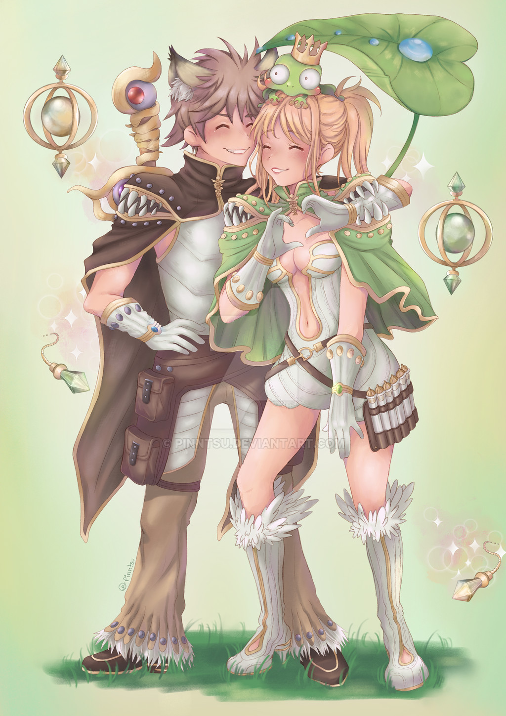 1boy 1girl belt belt_pouch blonde_hair boots breasts brown_belt brown_cape brown_hair brown_pants brown_shoes cape closed_eyes commentary commission creator_(ragnarok_online) crown dress english_commentary frog_on_head full_body fur-trimmed_boots fur-trimmed_pants fur_trim gloves grass green_background green_cape grin heart heart_hands heart_hands_duo highres leaf_umbrella medium_breasts navel pants pinntsu plunging_neckline pouch ragnarok_online shirt shoes short_dress short_hair sleeveless sleeveless_shirt smile strapless strapless_dress white_boots white_dress white_gloves white_shirt