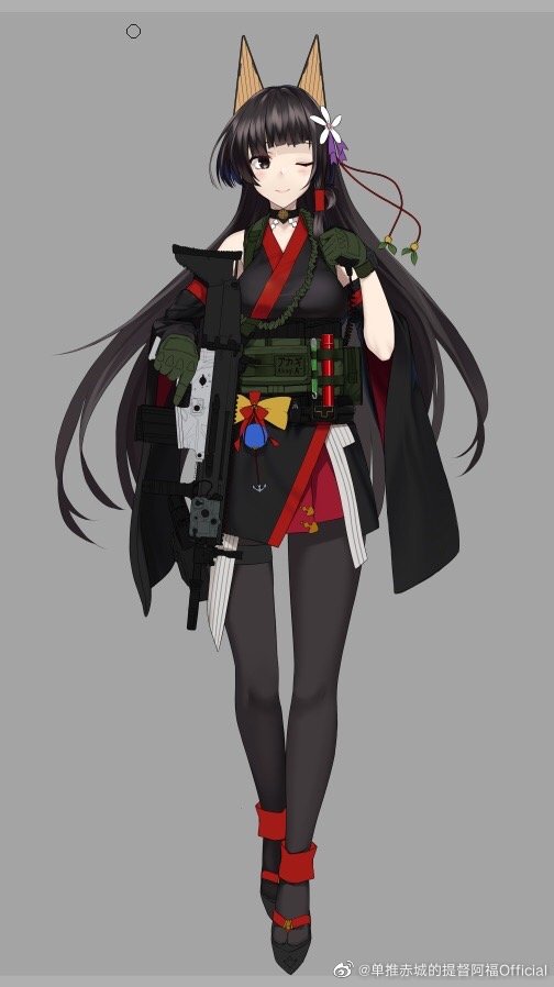 1girl ;) akagi_(warship_girls_r) alternate_costume animal_ears assault_rifle bell black_eyes black_footwear black_hair black_kimono black_pantyhose blunt_bangs chichengde_haotidu_afusang choker closed_mouth detached_sleeves flower fox_ears full_body gloves green_gloves grey_background gun hair_flower hair_ornament hair_ribbon holding holding_gun holding_weapon japanese_clothes kimono long_hair looking_at_viewer obi one_eye_closed pantyhose pouch ribbon rifle sash simple_background smile solo standing very_long_hair warship_girls_r watermark weapon weibo_watermark wide_sleeves