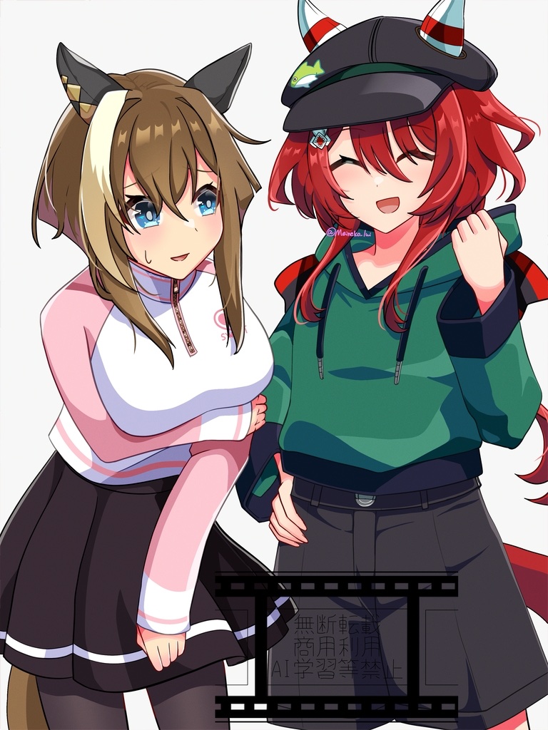 2girls animal_ears arm_under_breasts breasts brown_hair cheval_grand_(umamusume) closed_eyes cosplay costume_switch ear_covers ear_ornament ears_through_headwear feather_hair_ornament feathers hair_between_eyes hair_ornament hand_on_own_hip hat horse_ears horse_girl horse_tail long_hair low_twintails meineko_lui multicolored_hair multiple_girls peaked_cap red_hair short_hair skirt smile streaked_hair tail twintails umamusume win_variation_(umamusume)