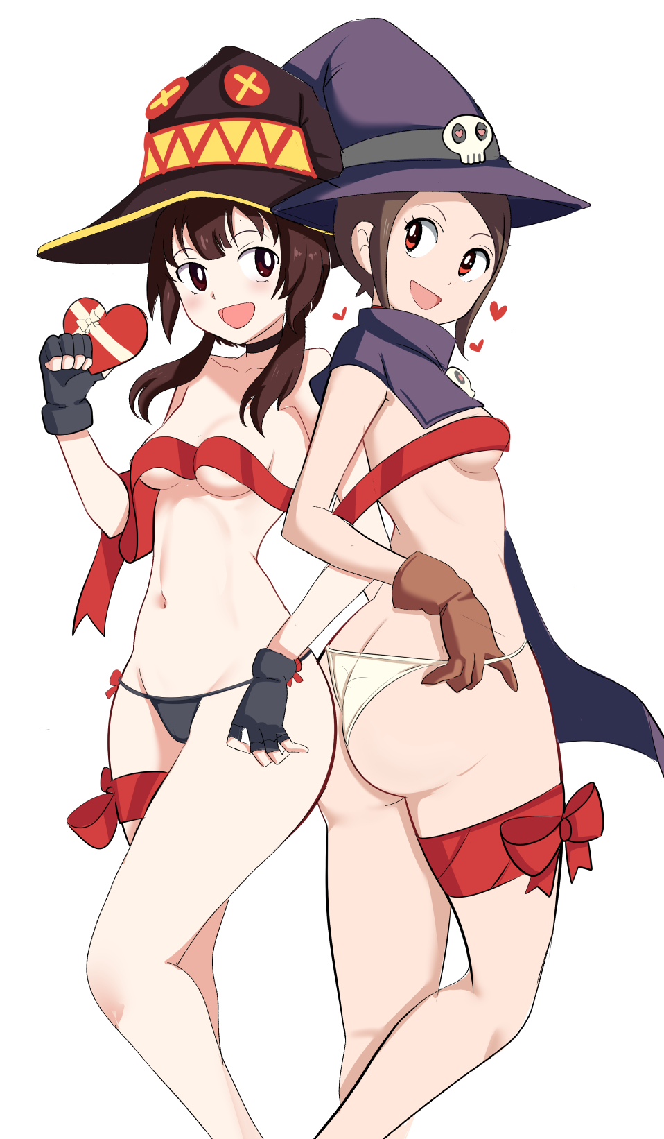 2girls ass bare_shoulders breasts brown_gloves brown_hair butt_crack collarbone cosplay crossover digimon digimon_adventure_02 fingerless_gloves gloves hat highres kono_subarashii_sekai_ni_shukufuku_wo! looking_at_another medium_hair megumin multiple_girls open_mouth pabsmikan short_hair simple_background small_breasts thigh_strap valentine white_background wizard_hat wizarmon wizarmon_(cosplay) yagami_hikari
