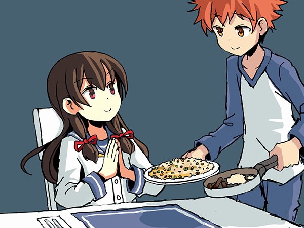 1boy 1girl black_hair blue_background commentary cowboy_shot crossover emiya_shirou english_commentary fate/stay_night fate_(series) food fried_rice frying_pan grey_background hair_ribbon isokaze_(kancolle) kantai_collection kawasumi_ayako long_hair long_sleeves neckerchief one-hour_drawing_challenge own_hands_together plate raglan_sleeves red_eyes red_hair ribbon school_uniform serafuku simple_background sixten spiked_hair tress_ribbon upper_body voice_actor_connection yellow_neckerchief