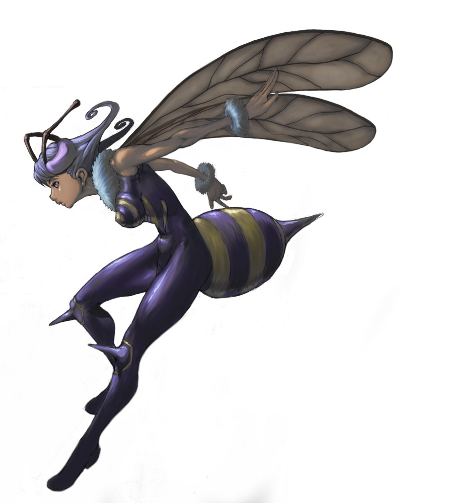 13th_clown 1girl antennae arthropod_girl bare_shoulders bee_girl bodysuit breasts capcom female_focus full_body insect_girl monster_girl no_pupils purple_eyes purple_hair q-bee short_hair simple_background solid_eyes solo stinger darkstalkers white_background wings