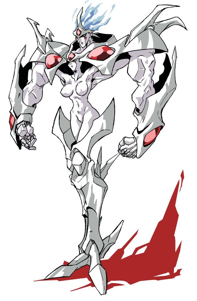 1990s_(style) armor breasts choujin_gakuen_gowcaizer creature fire fusion game platonic_twins technos
