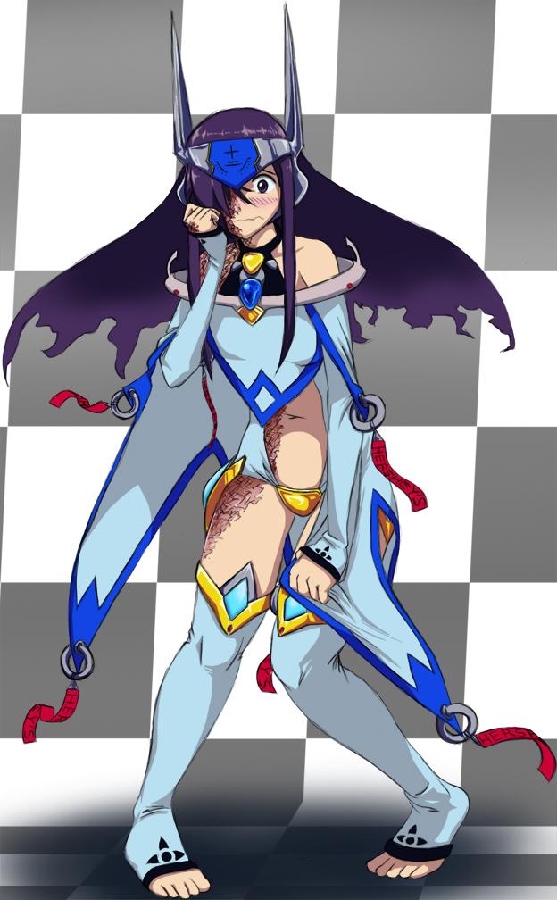 1girl arc_system_works bare_shoulders blazblue blush checkered_background cosplay crotch_plate detached_sleeves embarrassed female_focus forehead_protector hair_over_one_eye halterneck ikezawa_hanako katawa_shoujo long_hair mu-12 mu-12_(cosplay) navel purple_eyes purple_hair robe robot_ears scar solidcow solo thighhighs toeless_legwear toes wavy_mouth