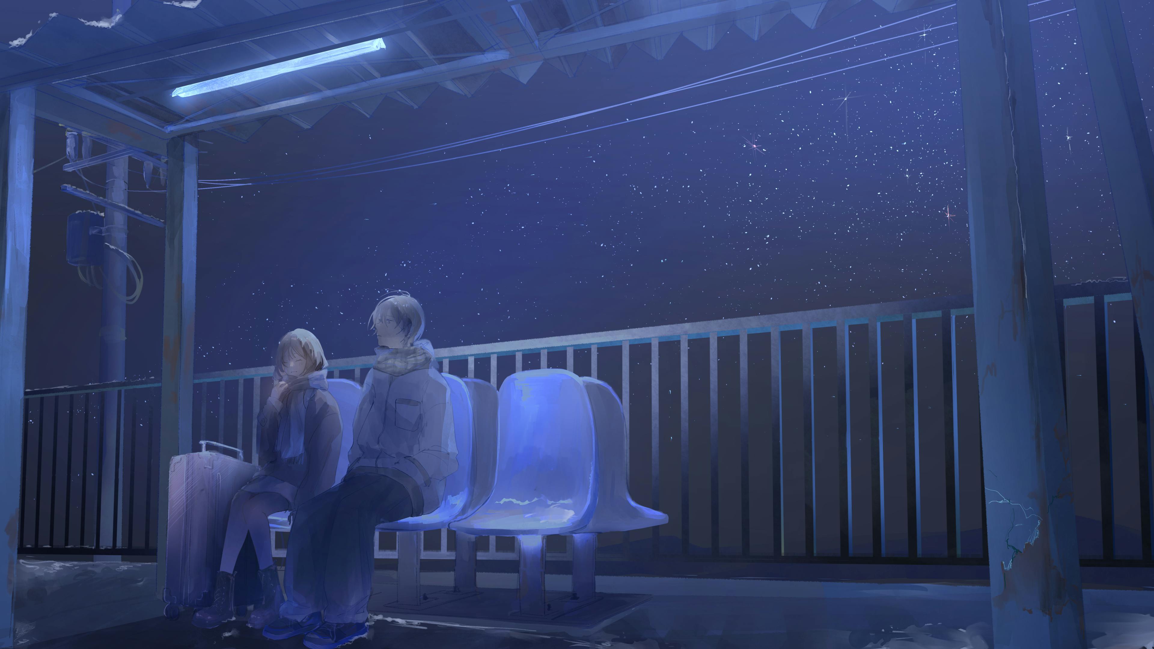 1boy 1girl absurdres bench boots ceiling_light closed_eyes corrugated_galvanized_iron_sheet grey_hair hair_between_eyes hands_in_pockets highres in_79 leggings medium_hair original pants power_lines railing rolling_suitcase scarf shoes short_hair sitting skirt sky star_(sky) suitcase train_station transformer wide_shot winter_clothes