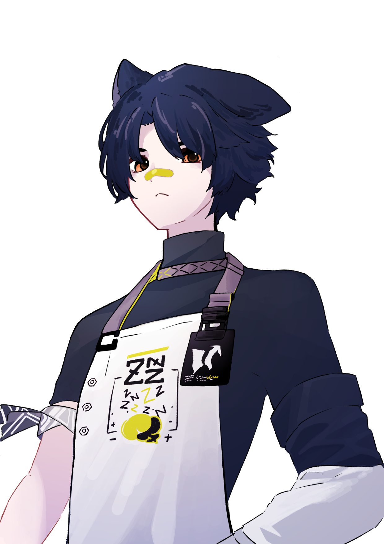 1boy animal_ears apron arknights armband bandaid bandaid_on_face bandaid_on_nose bishounen black_hair black_shirt closed_mouth commentary_request dog_boy dog_ears frown gloves grey_armband highres id_card infection_monitor_(arknights) looking_at_viewer male_focus nazo_no_hana orange_hair shirt short_hair short_sleeves simple_background single_glove solo upper_body white_apron white_background white_gloves windflit_(arknights)