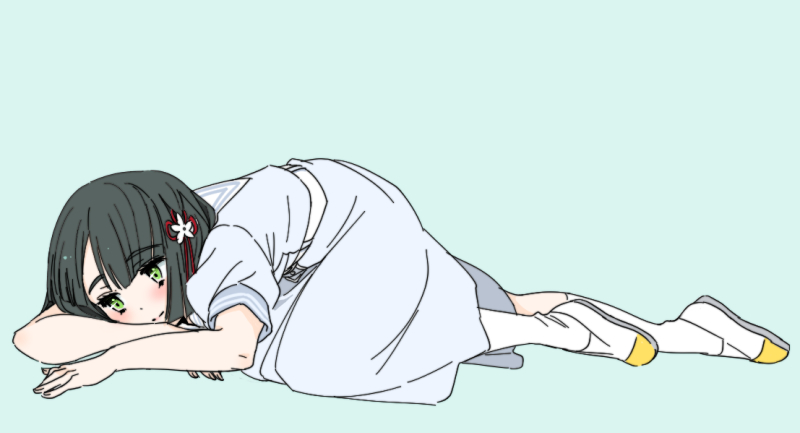 1girl black_hair blue_background blue_dress blunt_bangs blunt_ends bob_cut commentary_request dress flower flower_knot full_body green_eyes hair_flower hair_ornament hasu_no_sora_school_uniform kneehighs link!_like!_love_live! love_live! lying medium_dress momose_ginko puffy_short_sleeves puffy_sleeves school_uniform shinanoya_(satanicad) shoes short_hair short_sleeves simple_background socks solo summer_uniform uwabaki virtual_youtuber white_flower white_socks yellow_shoes