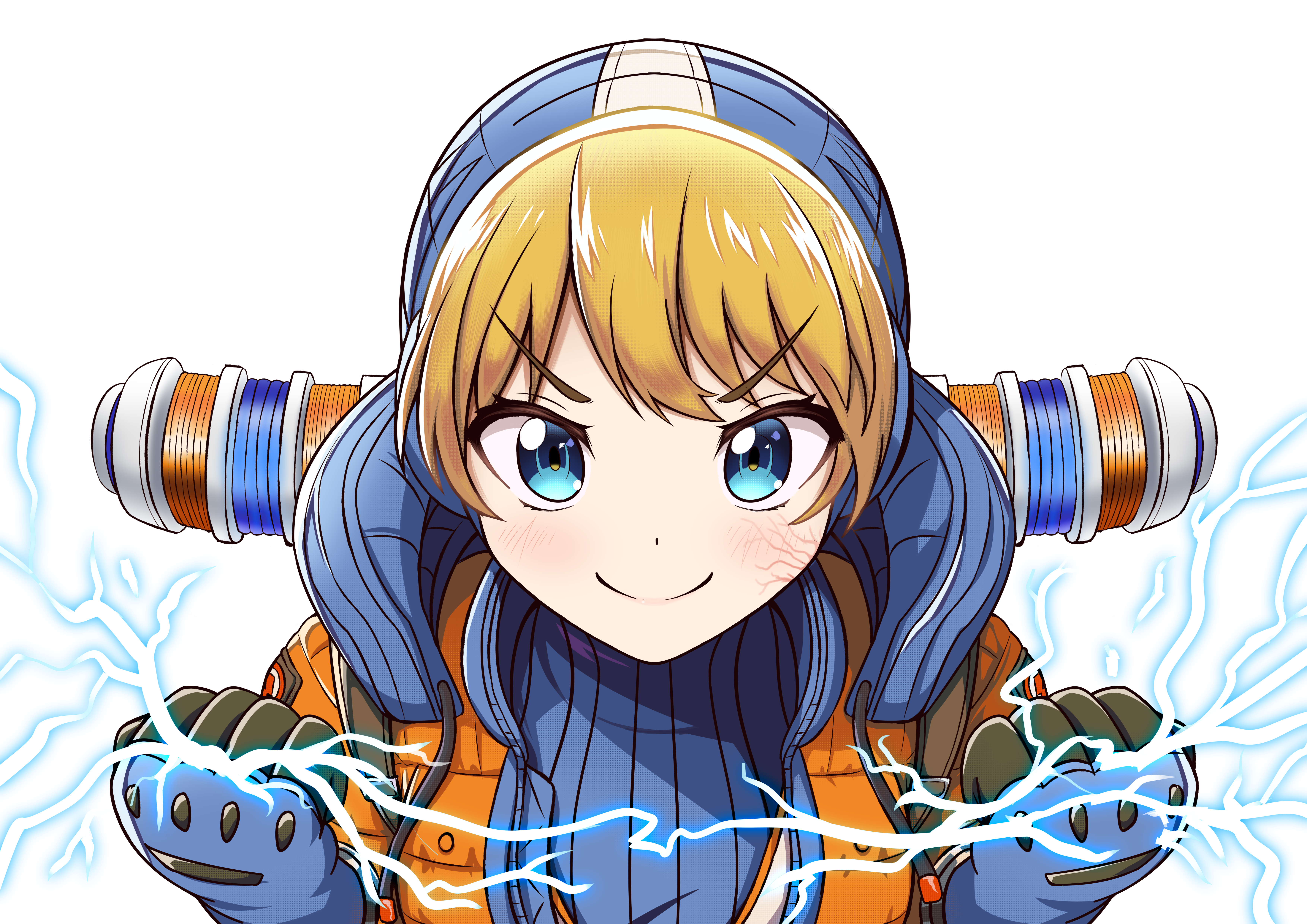 1girl absurdres animification apex_legends blonde_hair blue_bodysuit blue_gloves blush bodysuit clenched_hands commentary electricity english_commentary facial_scar gloves highres jacket noredji orange_jacket portrait ribbed_bodysuit scar scar_on_cheek scar_on_face smile solo transparent_background v-shaped_eyebrows wattson_(apex_legends)
