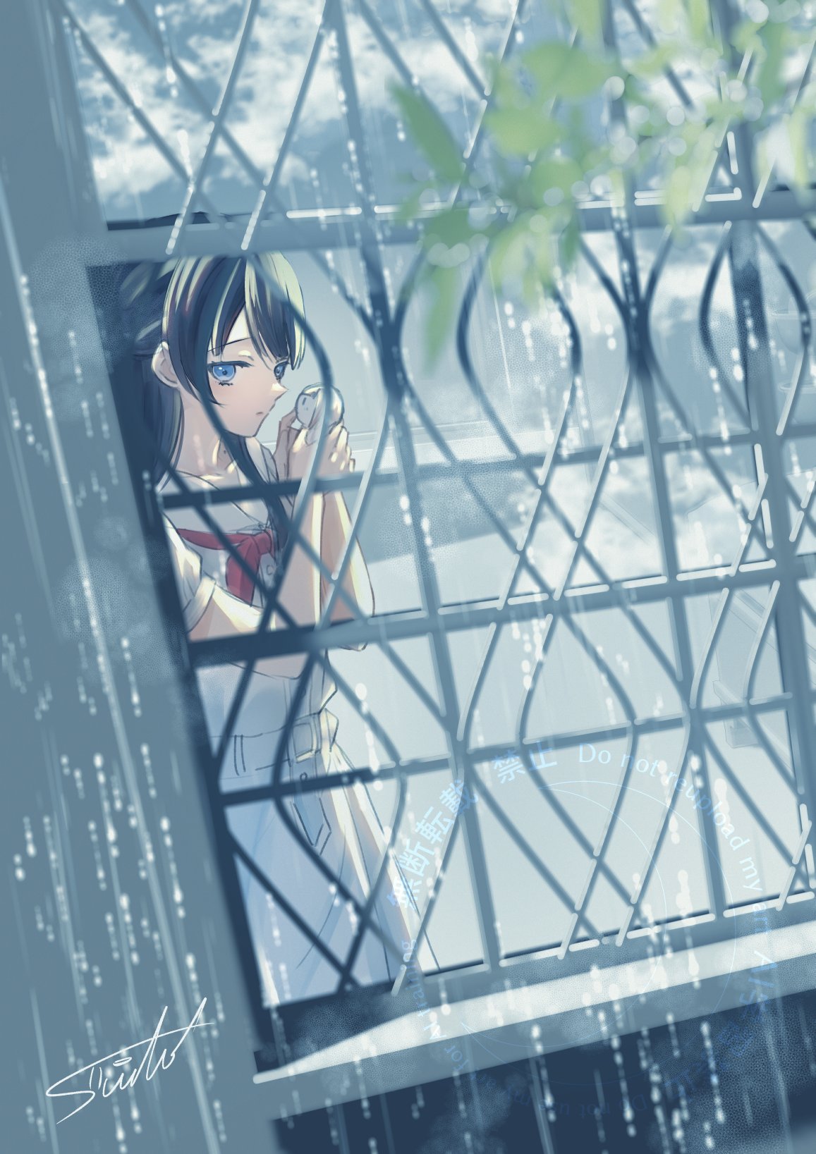 1girl artist_name black_hair blue_eyes character_doll doll dress from_outside half_updo hasu_no_sora_school_uniform highres holding holding_doll link!_like!_love_live! long_hair looking_at_viewer love_live! murano_sayaka neckerchief raised_inner_eyebrows red_neckerchief sailor_collar sailor_dress school_uniform signature solo suito summer_uniform teruterubouzu virtual_youtuber watermark white_dress white_sailor_collar yugiri_tsuzuri