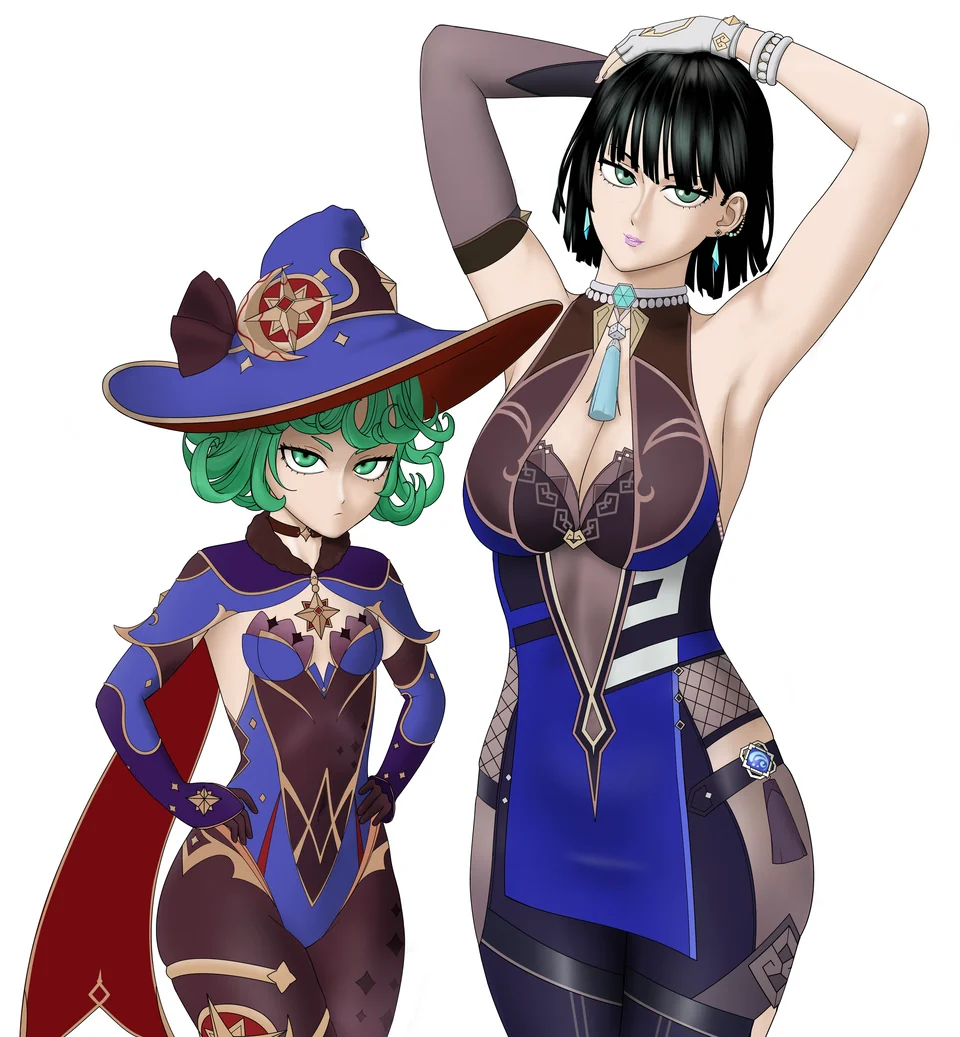 2girls black_hair breasts cleavage cosplay flat_chest fubuki_(one-punch_man) genshin_impact green_eyes green_hair hat laura_post medium_breasts melonpeachcakee mona_(genshin_impact) mona_(genshin_impact)_(cosplay) multiple_girls one-punch_man short_hair siblings sisters tatsumaki voice_actor_connection yelan_(genshin_impact) yelan_(genshin_impact)_(cosplay)