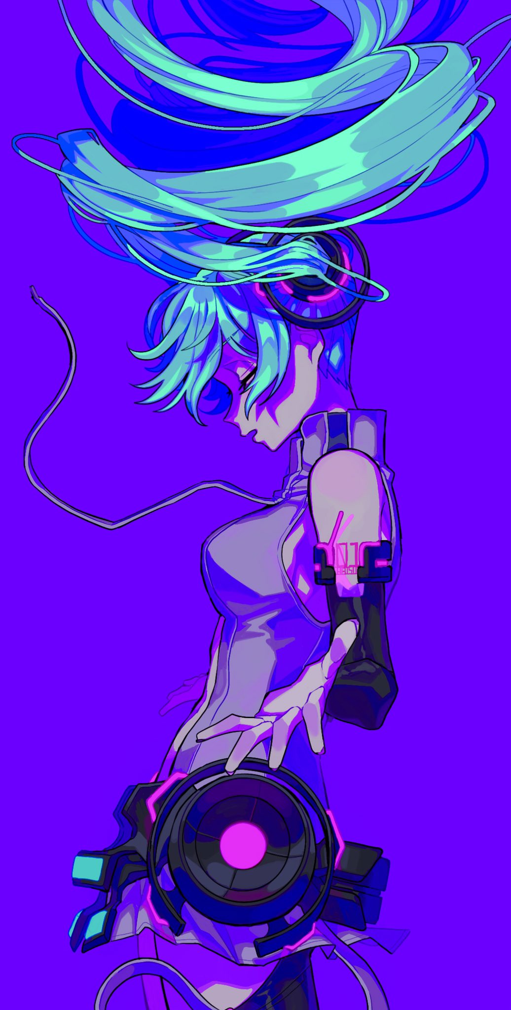 1girl aqua_hair arm_tattoo bare_shoulders black_sleeves black_thighhighs breasts closed_eyes detached_sleeves dress floating_hair foreshortening from_side grey_dress hatsune_miku hatsune_miku_(append) highres large_breasts long_hair long_sleeves number_tattoo open_mouth purple_background short_dress sideboob simple_background solo tattoo thighhighs twintails vocaloid vocaloid_append yoshioka_suke
