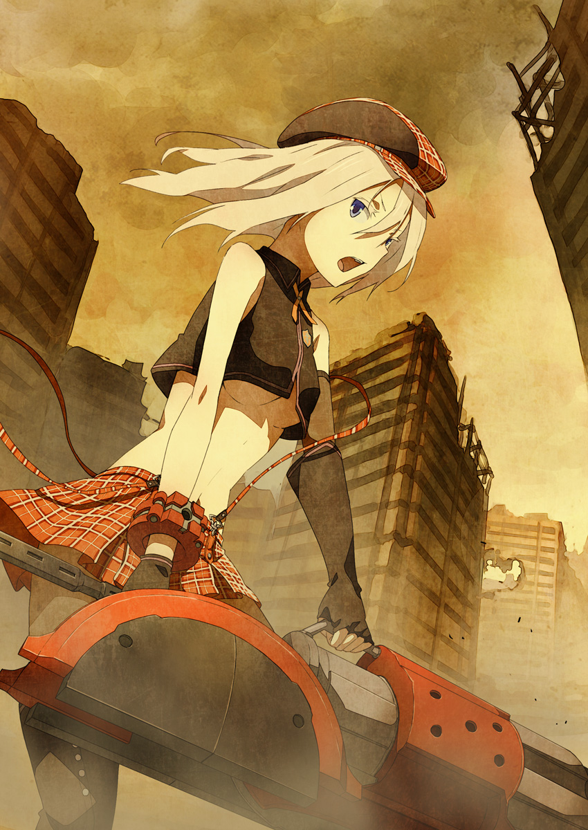 1girl alisa_ilinichina_amiella blonde_hair blue_eyes boots breasts commentary_request duplicate god_eater god_eater_burst gun hat highres houru long_hair medium_breasts open_mouth pantyhose skirt solo suspender_skirt suspenders thigh_boots thighhighs underboob weapon