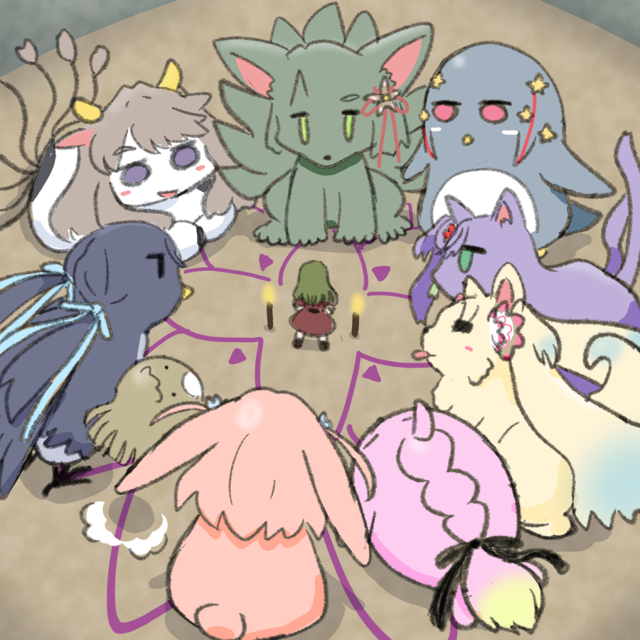 1girl ahoge animal animal_with_hair animalization anyoji_hime bird black_ribbon blue_ribbon brown_dress brown_hair cat dress flower fox fujishima_megumi green_hair hair_flower hair_ornament hair_ribbon hands_on_own_hips hasu_no_sora_school_uniform hinoshita_kaho kachimachi_kosuzu kitsune kyuubi link!_like!_love_live! lop_rabbit love_live! low_twintails momose_ginko multi-tied_hair multiple_tails murano_sayaka navyblue_konjac nekomata ogami_sachi osawa_rurino otomune_kozue oversized_animal penguin pink_flower ponytail purple_eyes rabbit ribbon school_uniform seal_(animal) standing tail tongue tongue_out twintails two_side_up virtual_youtuber winter_uniform wolf yugiri_tsuzuri