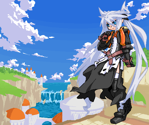 1girl arm_guards belt black_boots black_gloves black_jacket blue_eyes blue_sky boots bow bowtie building castle cloud day female_focus full_body gloves hair_between_eyes jacket leg_up long_hair lowres masaki mof mof&#039;s_silver_haired_twintailed_girl oekaki open_clothes open_jacket original outdoors red_bow red_bowtie river silver_hair sky solo standing thigh_boots thighhighs tsurime twintails very_long_hair water waterfall
