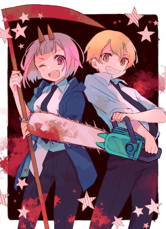 1boy 1girl 8ne_p black_necktie black_pants blonde_hair blue_jacket blush chainsaw chainsaw_man cosplay denji_(chainsaw_man) denji_(chainsaw_man)_(cosplay) grin holding holding_chainsaw holding_scythe horns jacket looking_at_viewer necktie ootori_emu open_mouth pants pink_eyes pink_hair power_(chainsaw_man) power_(chainsaw_man)_(cosplay) project_sekai scythe shirt short_hair smile tenma_tsukasa white_shirt yellow_eyes