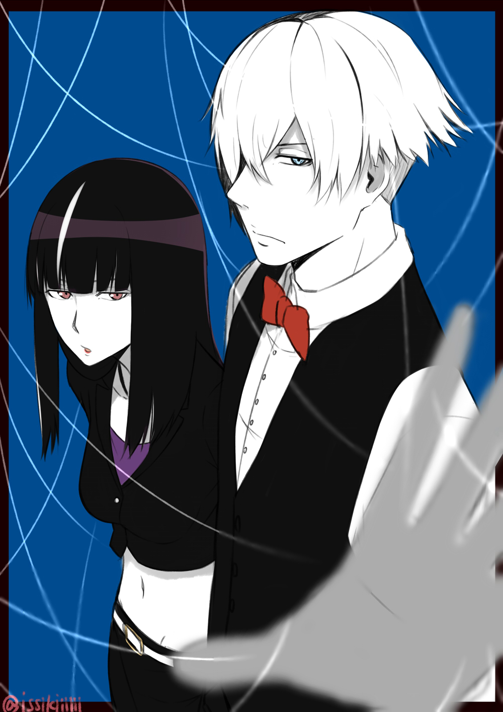 10s 1boy 1girl blue_eyes chiyuki_(death_parade) death_parade decim_(death_parade) hair_over_one_eye highres isshiki_(ffmania7) kurokami_no_onna long_hair multicolored_hair purple_eyes string two-tone_hair vest white_hair