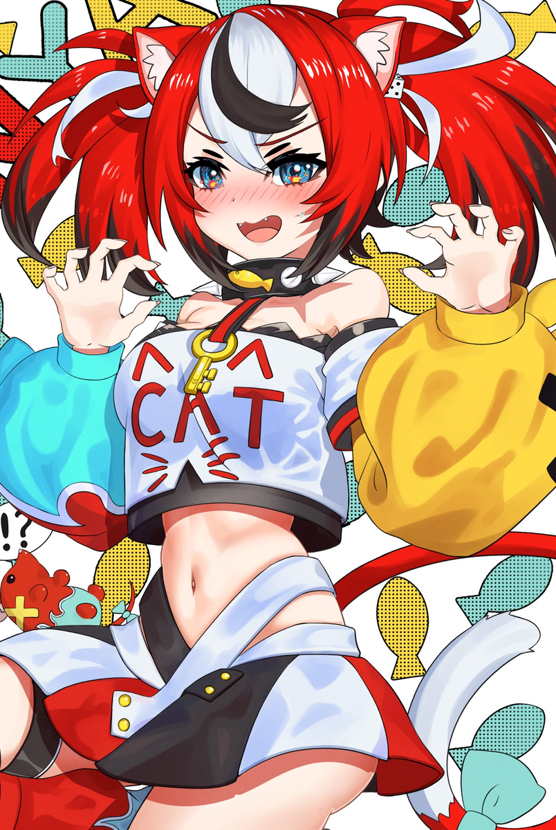 1girl animal_ears bare_shoulders black_hair black_skirt blue_eyes bow breasts cat_ears cat_tail commentary dice dice_hair_ornament english_commentary fangs hair_between_eyes hair_ornament hakos_baelz hakos_baelz_(1st_costume) hand_on_own_stomach harutyansann highres hololive hololive_english kemonomimi_mode midriff mr._squeaks_(hakos_baelz) multicolored_hair navel off_shoulder open_mouth puffy_sleeves red_hair red_skirt skirt smile solo streaked_hair tail twintails virtual_youtuber white_hair white_skirt