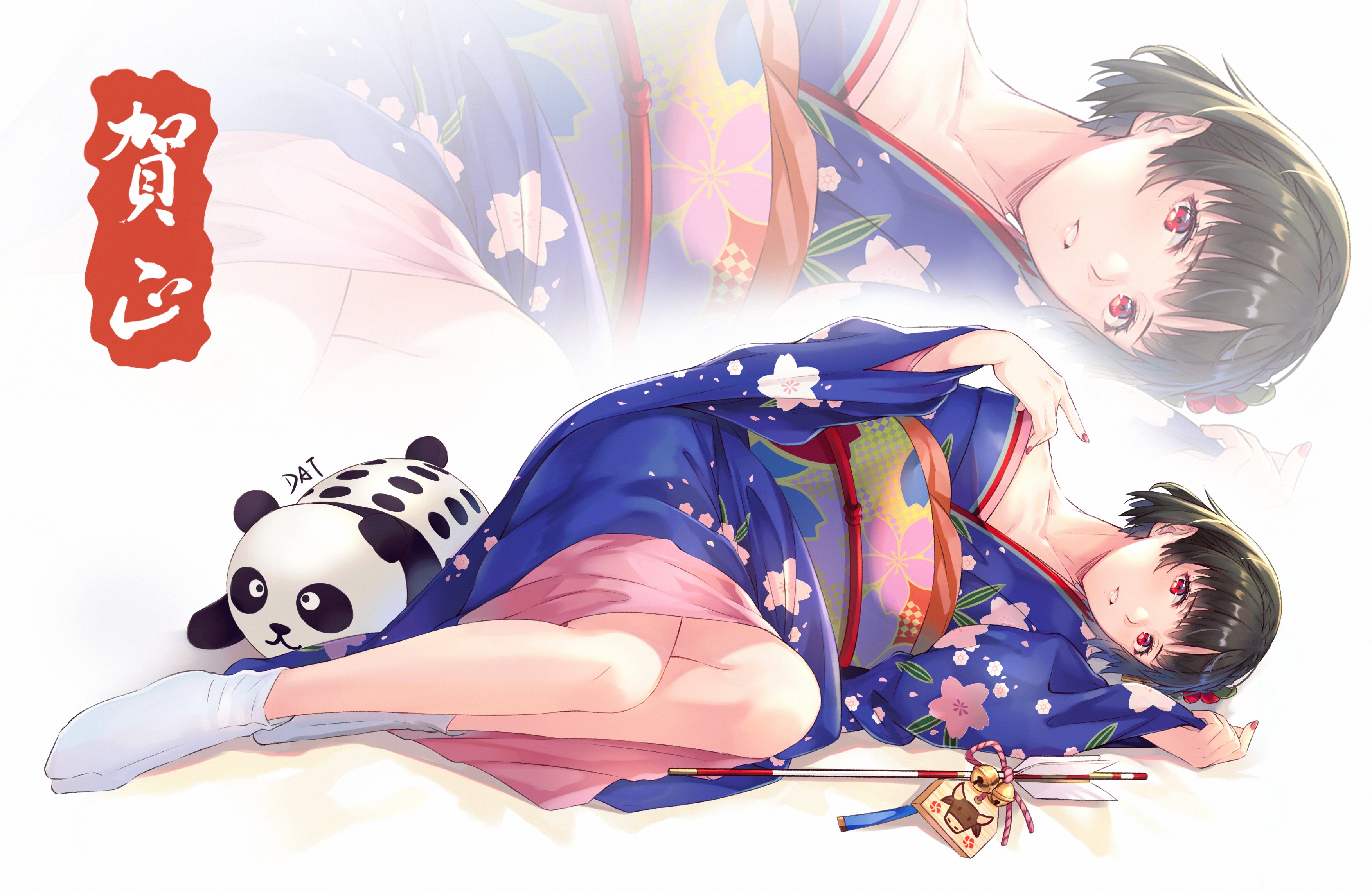 1girl absurdres arrow_(projectile) black_hair braid closed_mouth crown_braid da-cart eyelashes hamaya hand_on_own_shoulder highres holding_sleeve japanese_clothes kimono leaning_to_the_side long_sleeves looking_at_viewer niijima_makoto persona persona_5 red_eyes short_hair solo stuffed_animal stuffed_panda stuffed_toy tabi tagme