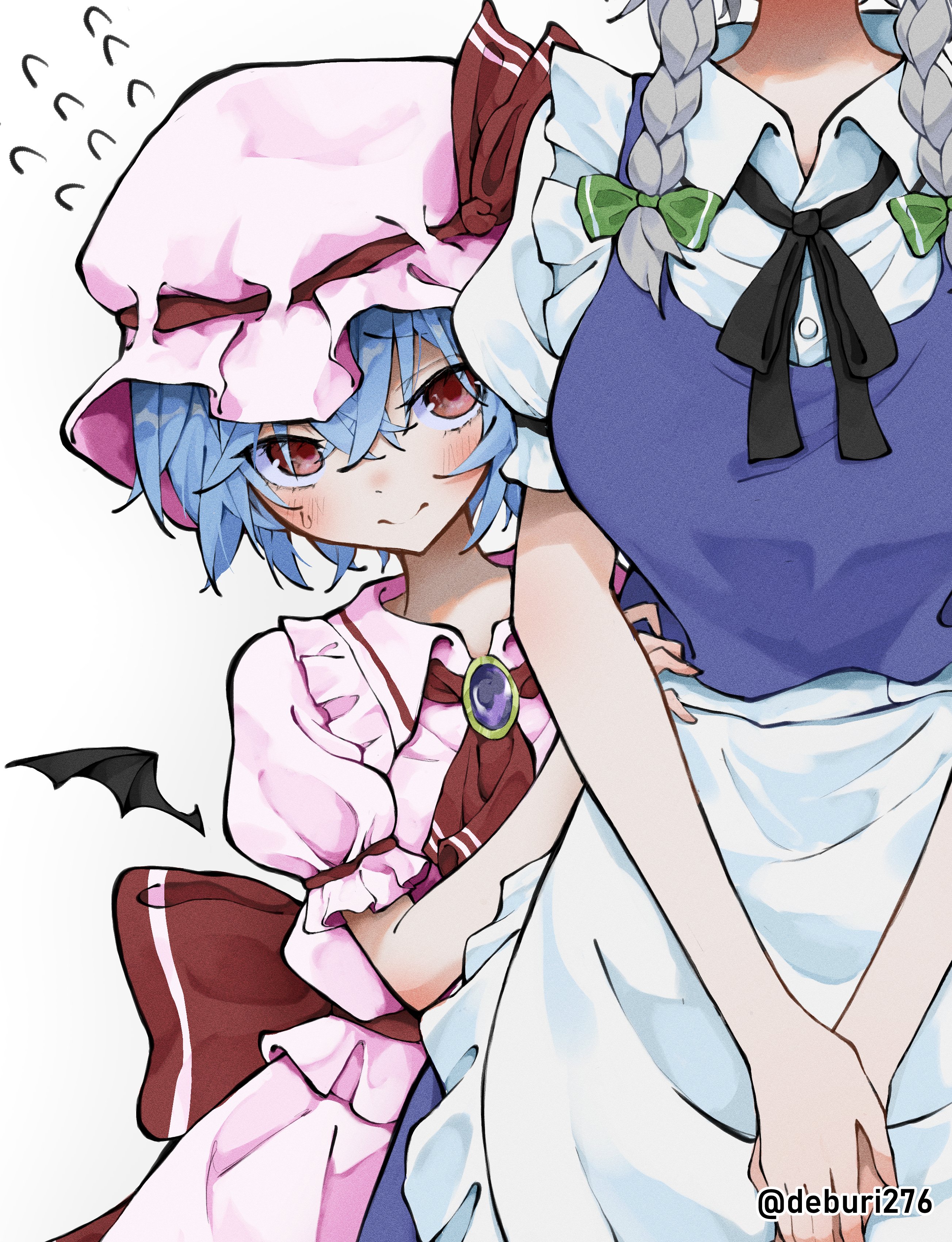 2girls absurdres apron ascot bat_wings blue_hair blush bow braid breasts brooch collared_shirt deburi276 frilled_shirt_collar frills green_bow grey_hair hair_bow hat hat_ribbon head_out_of_frame hiding hiding_behind_another highres izayoi_sakuya jewelry maid maid_apron maid_headdress medium_breasts mob_cap multiple_girls puffy_short_sleeves puffy_sleeves red_ascot red_bow red_eyes red_ribbon remilia_scarlet ribbon shirt short_hair short_sleeves simple_background skirt skirt_set sweat sweatdrop touhou twin_braids twitter_username waist_apron white_background wings