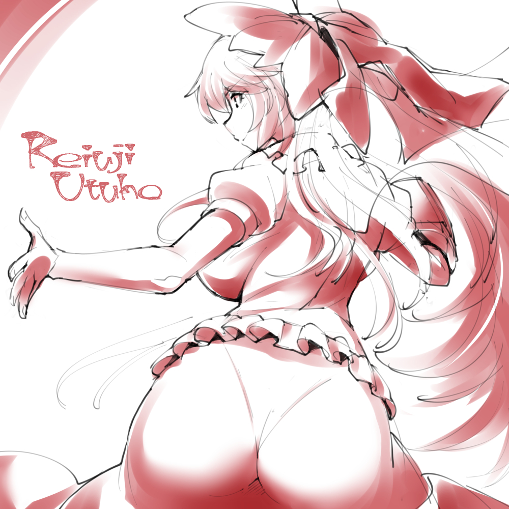 1girl ass bow breasts character_name closed_mouth commentary_request frilled_shirt frills from_behind hair_bow large_breasts long_hair monochrome reiuji_utsuho shirt short_sleeves simple_background sketch solo touhou typo umigarasu_(kitsune1963)