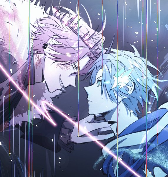 2boys blue_theme cape closed_mouth commentary cracked_skin crown curtained_hair earrings english_commentary eye_contact face-to-face fingernails frilled_sleeves frills from_side fur-trimmed_jacket fur_trim grin hair_between_eyes hair_ornament hand_on_another&#039;s_neck holostars holostars_english hood hood_down hoodie jacket jewelry jurard_t_rexford lapels light_particles long_sleeves looking_at_another male_focus multiple_boys multiple_monochrome notched_lapels portrait profile red_theme regis_altare ring serious shards sharp_fingernails sharp_teeth shin_diena short_hair slit_pupils smile teeth virtual_youtuber