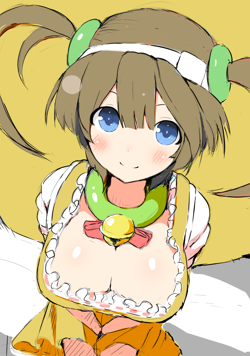 1girl bell blue_eyes blush breasts brown_hair choker cleavage closed_mouth dress gessen_academy_school_uniform green_choker hair_ornament hat jingle_bell large_breasts long_hair looking_at_viewer minori_(senran_kagura) neck_bell ring_hair_ornament senran_kagura senran_kagura_estival_versus senran_kagura_shinovi_versus smile solo tottotonero twintails yellow_dress