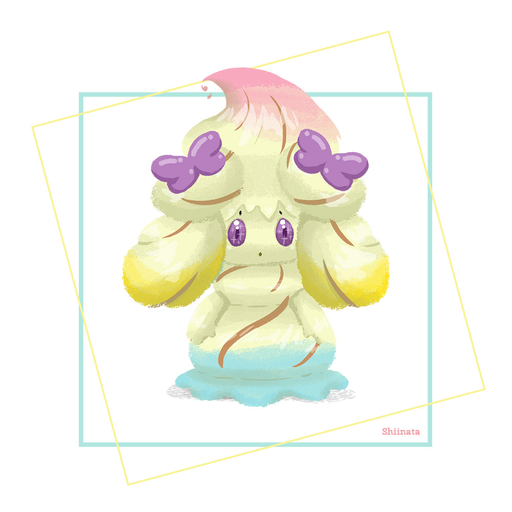 alcremie alcremie_(rainbow_swirl) alcremie_(ribbon_sweet) creature full_body gen_8_pokemon looking_at_viewer nintendo no_humans pokemon pokemon_(creature) purple_eyes shiinata signature simple_background solo standing white_background