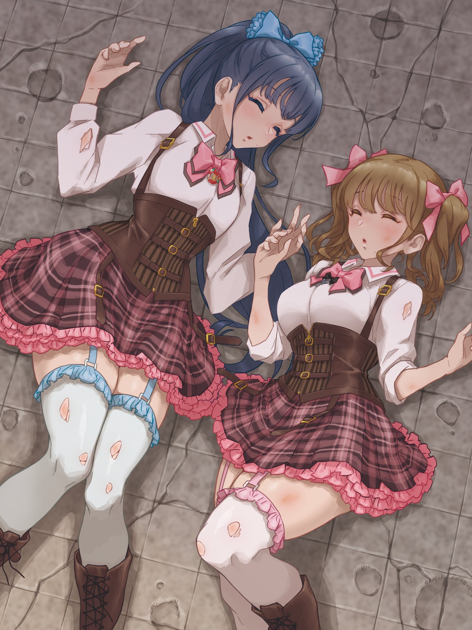 2girls assault_lily belt belt_buckle blue_bow blue_hair blush boots bow bowtie breasts brown_belt brown_footwear brown_hair brown_skirt bruise bruise_on_leg buckle closed_eyes collared_shirt commentary_request commission corset feet_out_of_frame frilled_skirt frills hair_bow hands_up high_ponytail highres houjou_monica_asahi indoors injury jewelry knee_up knees_together_feet_apart lace-up_boots long_hair long_sleeves ludvico_private_girls'_academy_school_uniform lying mabuta_kayumi medium_breasts mole mole_under_mouth multiple_belts multiple_girls narumi_clara_yuuko on_back on_floor parted_lips pendant pink_bow pink_bowtie plaid_clothes plaid_skirt ponytail school_uniform second-party_source shade shirt skeb_commission skirt sleeves_pushed_up thighhighs three-quarter_sleeves tile_floor tiles torn_clothes torn_shirt torn_thighhighs twintails underbust very_long_hair white_shirt white_thighhighs zettai_ryouiki zipper_pull_tab