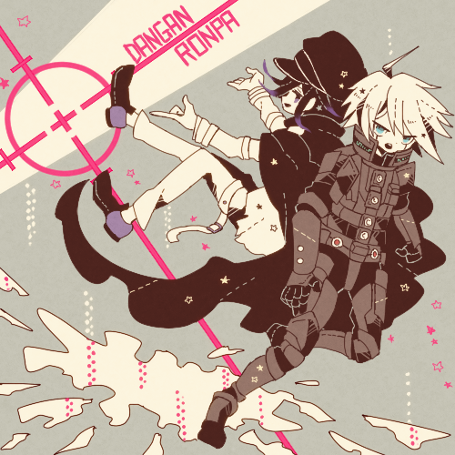 2boys ahoge android arm_belt back-to-back belt belt_buckle black_cape black_hair black_hat black_shoes blue_eyes buckle cape clenched_hand collared_cape colored_skin colored_tips copyright_name crosshair danganronpa_(series) danganronpa_v3:_killing_harmony dot_nose dotted_line floating frown full_body grey_background hair_between_eyes halftone hat high_collar jacket k1-b0 layered_sleeves looking_at_viewer lowres male_focus multicolored_hair multicolored_shoes multiple_belts multiple_boys oma_kokichi open_belt open_mouth outstretched_hand pants peaked_cap purple_eyes purple_hair purple_shoes shoes short_hair smile star_(symbol) swept_bangs teeth thigh_belt thigh_strap torn_clothes torn_jacket toskogahazan two-tone_shoes upper_teeth_only v-shaped_eyes white_belt white_hair white_jacket white_pants white_skin wrist_belt