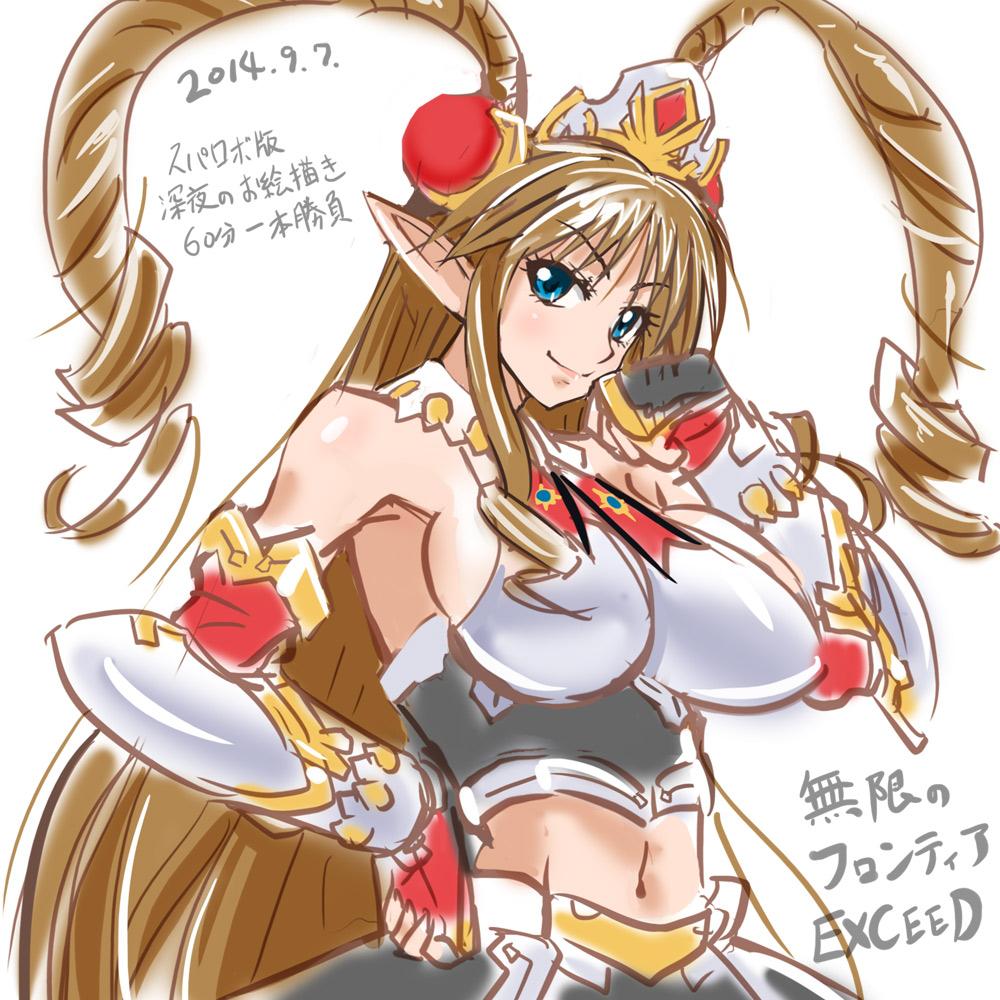 1girl blue_eyes breasts brown_hair closed_mouth dated drill_hair fingerless_gloves gloves hair_ornament haruyama_kazunori large_breasts long_hair looking_at_viewer midriff navel neige_hausen pointy_ears simple_background smile solo super_robot_wars super_robot_wars_og_saga_mugen_no_frontier super_robot_wars_og_saga_mugen_no_frontier_exceed white_background