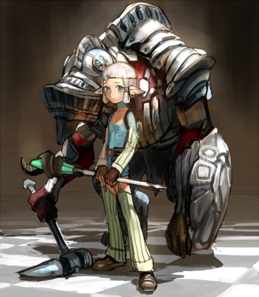 1girl armor blue_eyes breath_of_fire breath_of_fire_v capcom circlet closed_mouth cupid gloves looking_at_viewer monster pointy_ears purple_hair sasumata_jirou short_hair short_shorts shorts staff thighhighs weapon