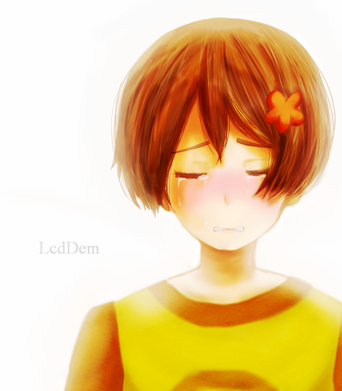 1girl brown_hair chie_(lcddem) clenched_teeth closed_eyes copyright_name crying female_focus hair_ornament hairclip lcddem sad short_hair simple_background solo tears teeth
