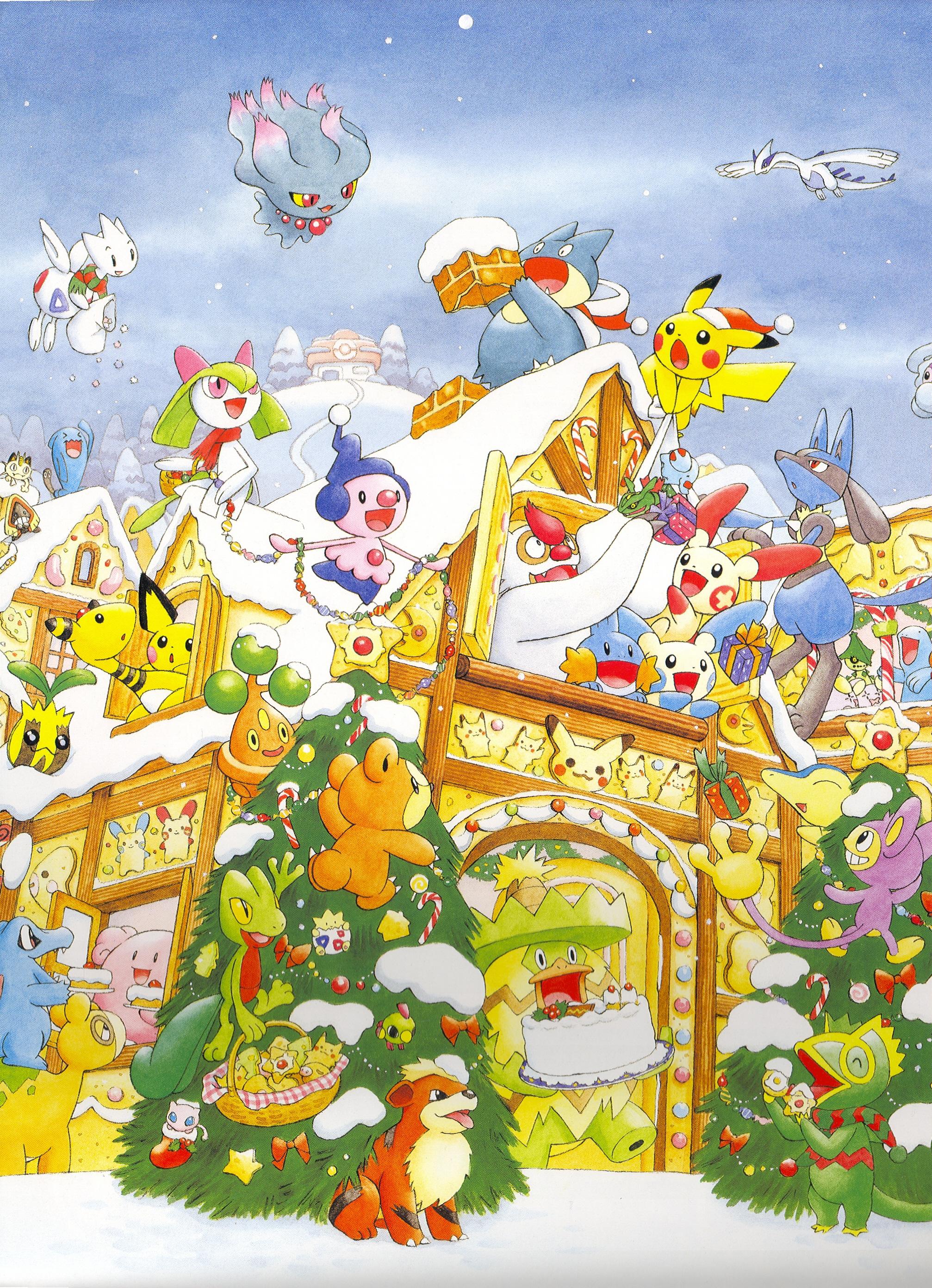 >_< :3 :d :o absurdres aipom ampharos arm_up artist_request bag basket blissey blue_sky bonsly bow box building cacturne cake candy candy_cane castform castform_(snowy) character_cookie christmas christmas_present christmas_tree closed_eyes closed_mouth clothed_pokemon colored_sclera cookie cyndaquil day fangs floating flying food game_freak gen_1_pokemon gen_2_pokemon gen_3_pokemon gen_4_pokemon gift gift_box growlithe hat highres holding holding_bag holding_basket holding_cake holding_cookie holding_food in_tree kecleon kirlia legendary_pokemon lollipop ludicolo lugia lunatone luvdisc meowth mew_(pokemon) mime_jr. minun minus_sign misdreavus mythical_pokemon natu nintendo no_humans numel official_art on_roof open_mouth phanpy pichu pikachu pink_eyes plus_sign plusle pokemon pokemon_(creature) pokemon_focus quagsire rayquaza red_bow red_eyes red_hat red_scarf santa_hat scan scarf sky smile snorunt snow snowing star_(symbol) staryu striped_clothes striped_scarf sunkern swinub teddiursa teeth third-party_source togepi togetic tongue tongue_out totodile tree treecko two-tone_scarf vigoroth whismur white_bag winter wobbuffet wrapped_candy yellow_sclera
