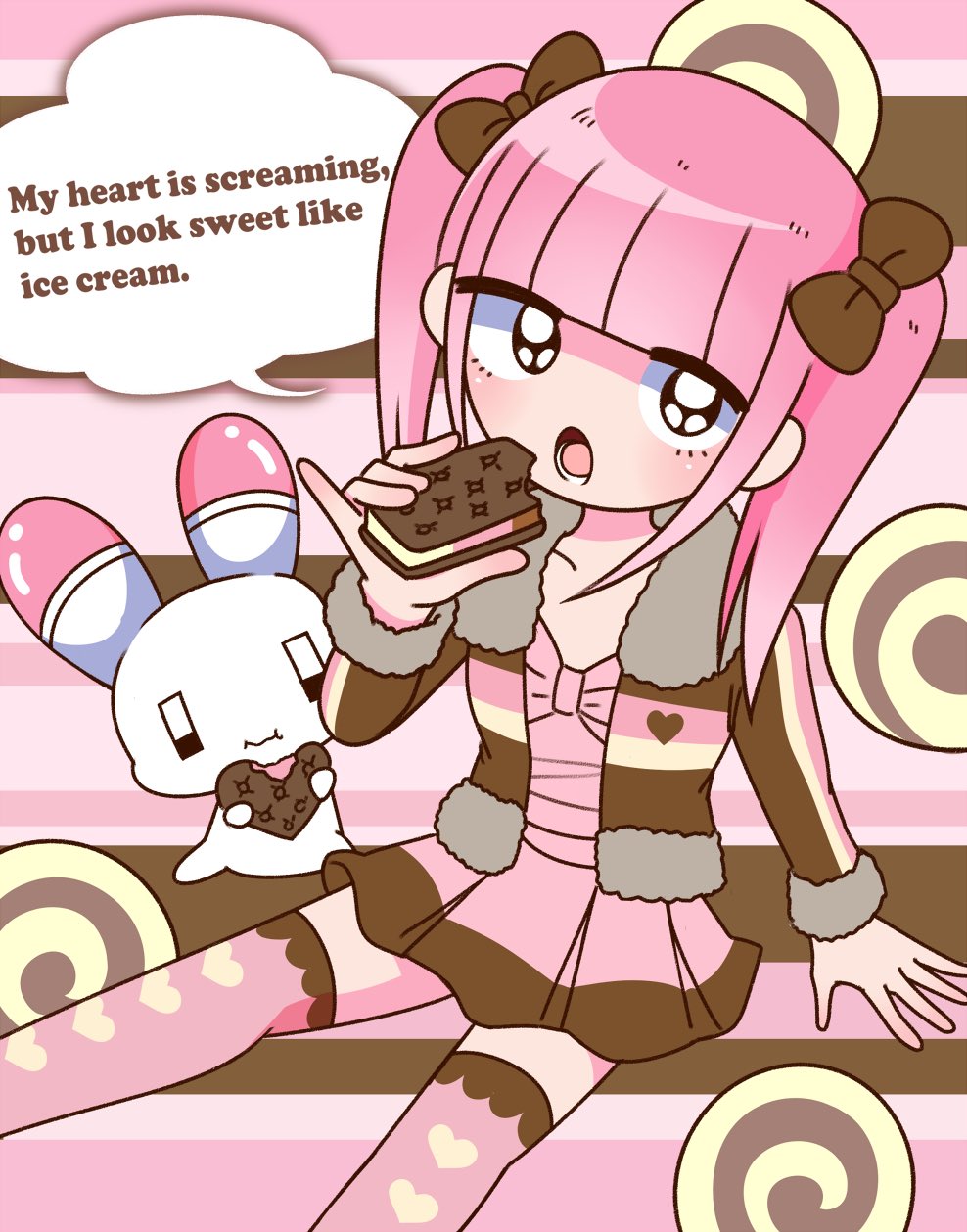 1girl blunt_bangs bow brown_bow brown_jacket dress eating english_text ezaki_bisuko food fur-trimmed_jacket fur_trim hair_bow highres ice_cream ice_cream_sandwich jacket looking_at_viewer lower_teeth_only medium_hair menhera-chan_(ezaki_bisuko) menhera-chan_(ezaki_bisuko)_(character) neapolitan_ice_cream open_mouth pink_dress pink_hair pink_thighhighs pinky_out sitting solo speech_bubble straight_hair striped_background talking teeth thighhighs twintails usatan_(ezaki_bisuko) wavy_mouth