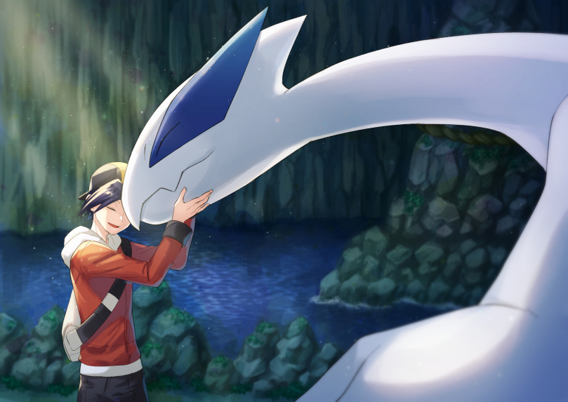 1boy backpack backwards_hat bag baseball_cap black_hair cave closed_eyes ethan_(pokemon) facing_another gen_2_pokemon hair_between_eyes hat hood hood_down legendary_pokemon long_sleeves lugia male_focus nintendo nuzzle pokemon pokemon_(creature) pokemon_hgss standing sunlight water yuki_lio