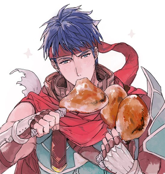 1boy blue_eyes blue_hair chicken_(food) chicken_leg fingerless_gloves fire_emblem fire_emblem:_radiant_dawn food gloves headband holding holding_food ike_(fire_emblem) ike_(vanguard_legend)_(fire_emblem) looking_at_viewer male_focus nana_tetra nintendo short_hair solo