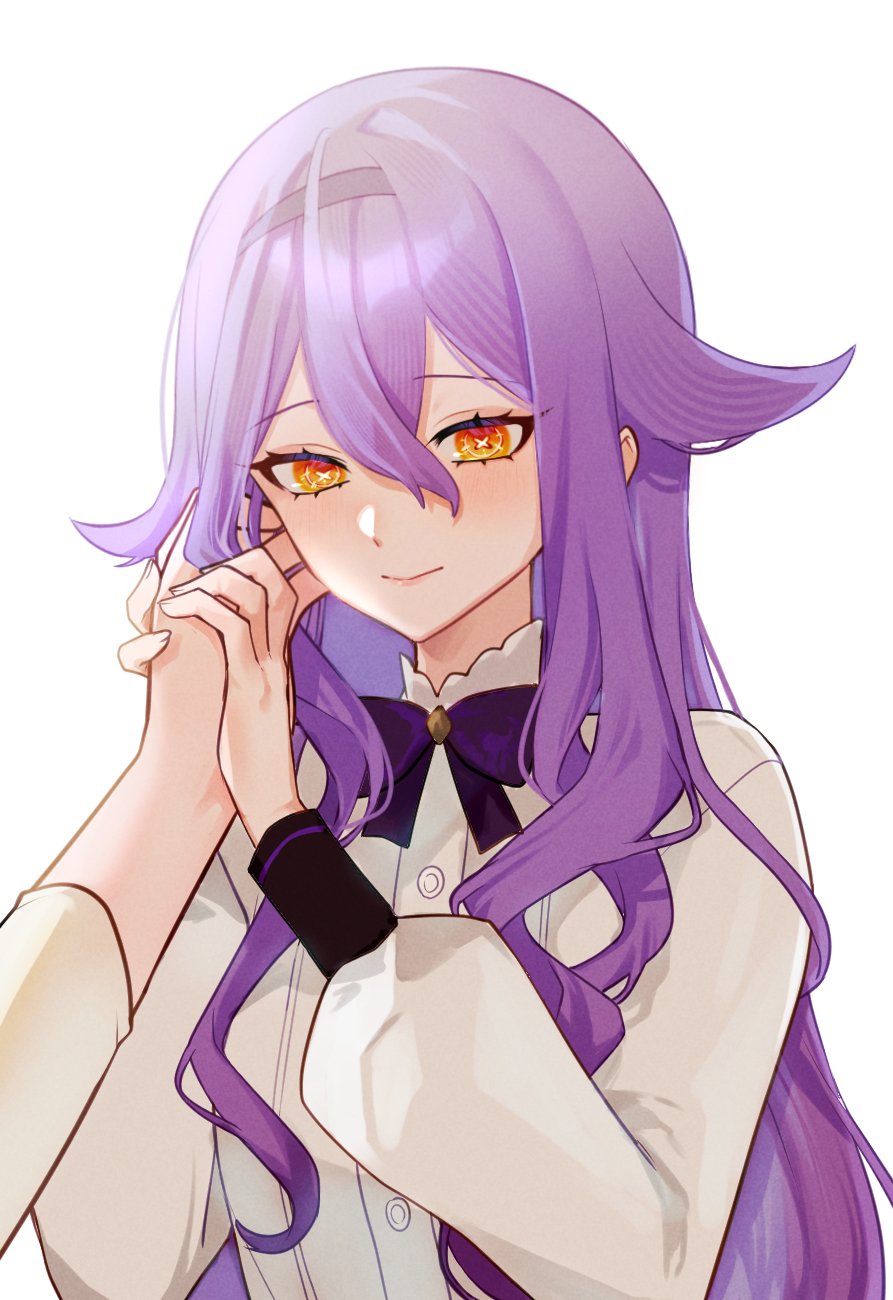 1girl blush bow closed_mouth crosshair_pupils disembodied_hand hairband hand_in_another&#039;s_hair highres holding_hands honkai_(series) honkai_impact_3rd long_hair long_sleeves looking_down purple_bow purple_hair shirt sirin sirin_(magic_academy_uniform) solo sugar_jo3 upper_body white_background white_shirt yellow_eyes