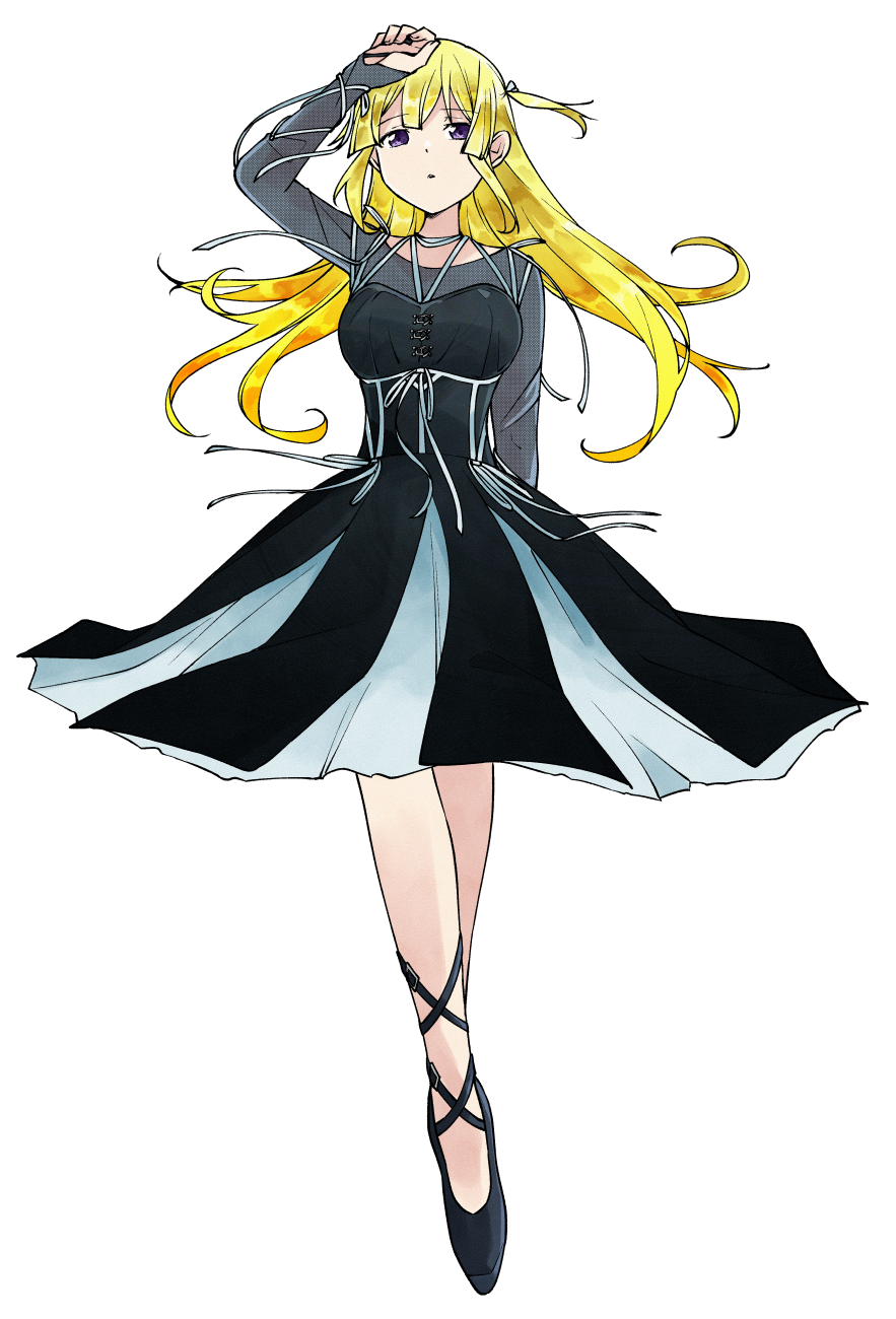 1girl 22/7 arm_behind_back ato_de_wakaru_koto black_footwear blonde_hair dress fujima_sakura full_body half-closed_eyes hand_on_own_head highres long_hair long_sleeves looking_at_viewer multicolored_background one_side_up parted_lips purple_eyes see-through_clothes see-through_dress simple_background solo trefle_r white_background