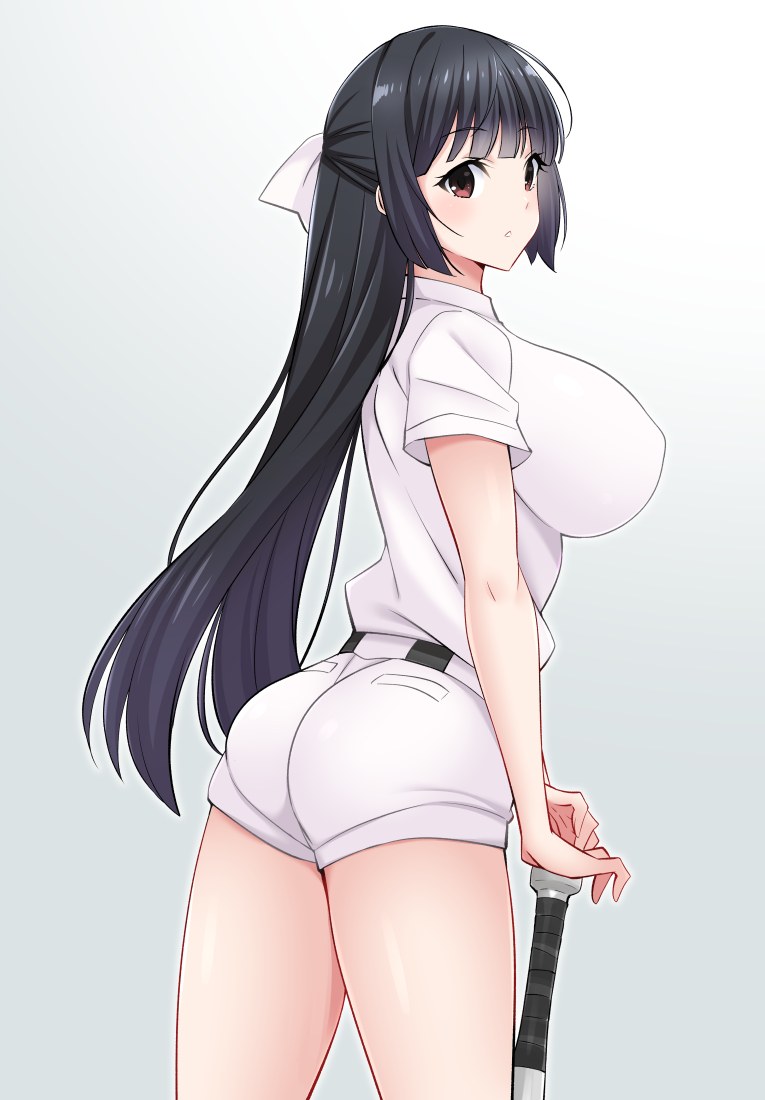 1girl ass baseball_bat baseball_uniform black_hair bow breasts gabao_(mattari_2019) hair_bow large_breasts long_hair oomura_shiragiku red_eyes short_sleeves shorts solo sportswear tamayomi very_long_hair white_bow