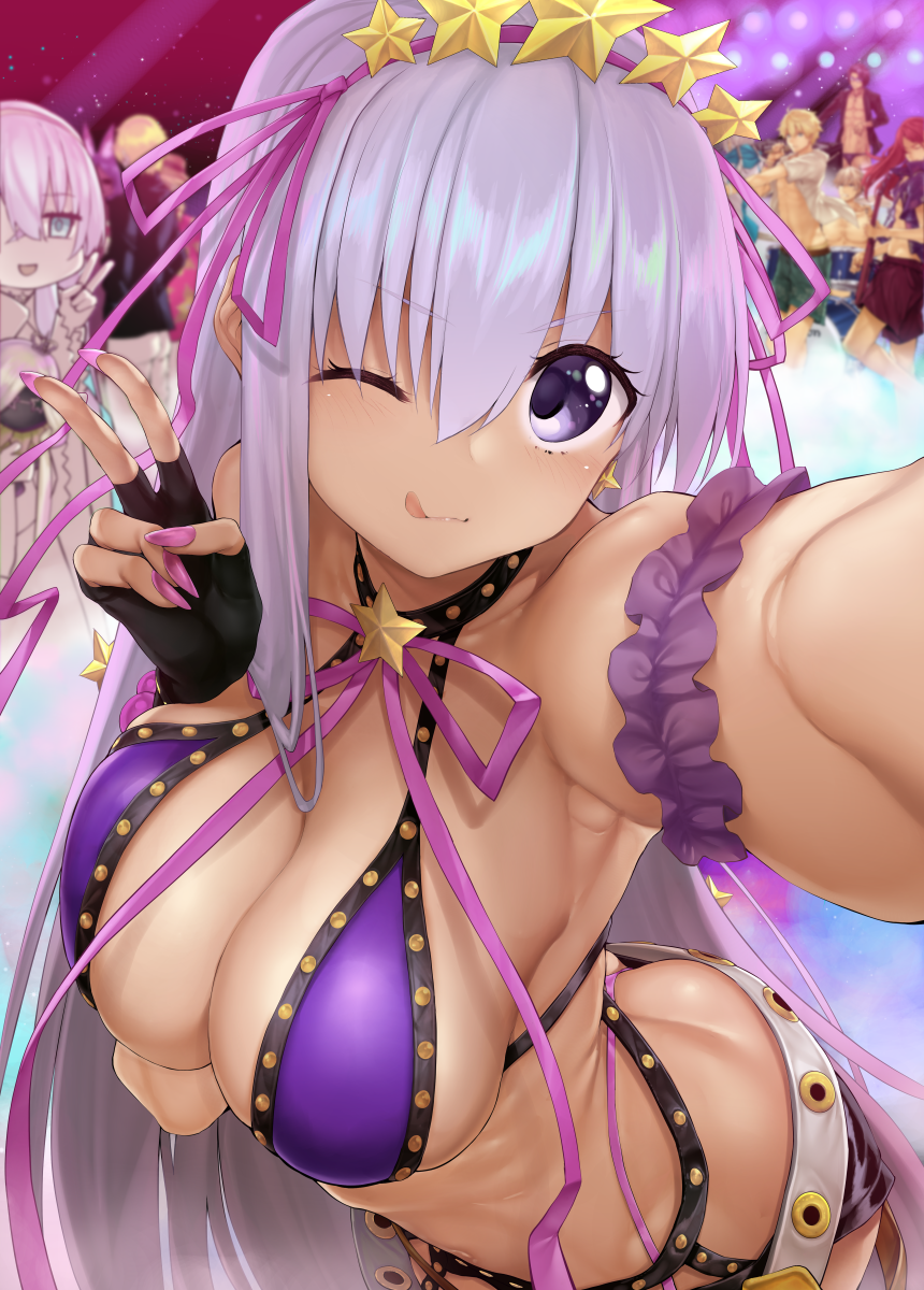 6+boys 6+girls anastasia_(fate) arched_back arm_up arthur_pendragon_(fate) artoria_pendragon_(fate) artoria_pendragon_(swimsuit_archer)_(fate) artoria_pendragon_(swimsuit_archer)_(second_ascension)_(fate) ass bare_shoulders bb_(fate) bb_(swimsuit_mooncancer)_(fate) bb_(swimsuit_mooncancer)_(second_ascension)_(fate) bedivere_(fate) bedivere_(servant_summer_festival!_2018_swimsuit)_(fate) bikini black_gloves blonde_hair blurry blurry_background blush breasts butt_crack commentary_request dark-skinned_female dark_skin downpants drum drum_set earrings fate/grand_order fate_(series) fingerless_gloves fingernails gawain_(fate) gawain_(scion_of_summer)_(fate) gilgamesh gilgamesh_(caster)_(fate) gilgamesh_(fate) gloves green_shorts hair_ornament hair_ribbon halterneck headphones highres instrument jewelry lancelot_(fate/grand_order) lancelot_(strongest_knight_of_summer)_(fate) large_breasts leaning_forward long_hair looking_at_viewer micro_shorts microphone multiple_boys multiple_girls nail_polish one_eye_closed open_clothes open_shirt outstretched_arm panties pink_panties pink_ribbon purple_bikini purple_eyes purple_hair purple_nails queen_of_sheba_(fate) reaching reaching_towards_viewer red_hair ribbon selfie sharp_fingernails shirt shorts solo_focus standing star_(symbol) star_earrings star_hair_ornament suga_hideo swimsuit thong tongue tongue_out topless_female tristan_(chicken_of_luluhawa)_(fate) tristan_(fate) underwear v very_long_hair white_shirt