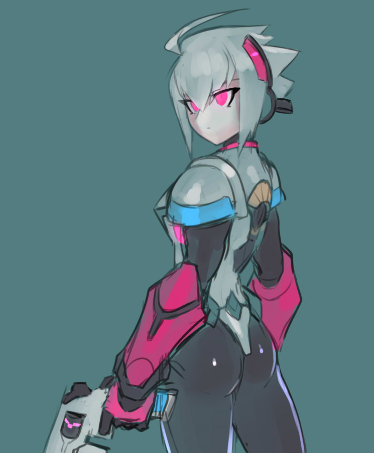 1boy acura_(gunvolt) armor ass azure_striker_gunvolt azure_striker_gunvolt_2 cowboy_shot from_behind green_background gun headgear holding holding_gun holding_weapon pink_eyes short_hair simple_background solo ukimukai weapon white_armor white_hair