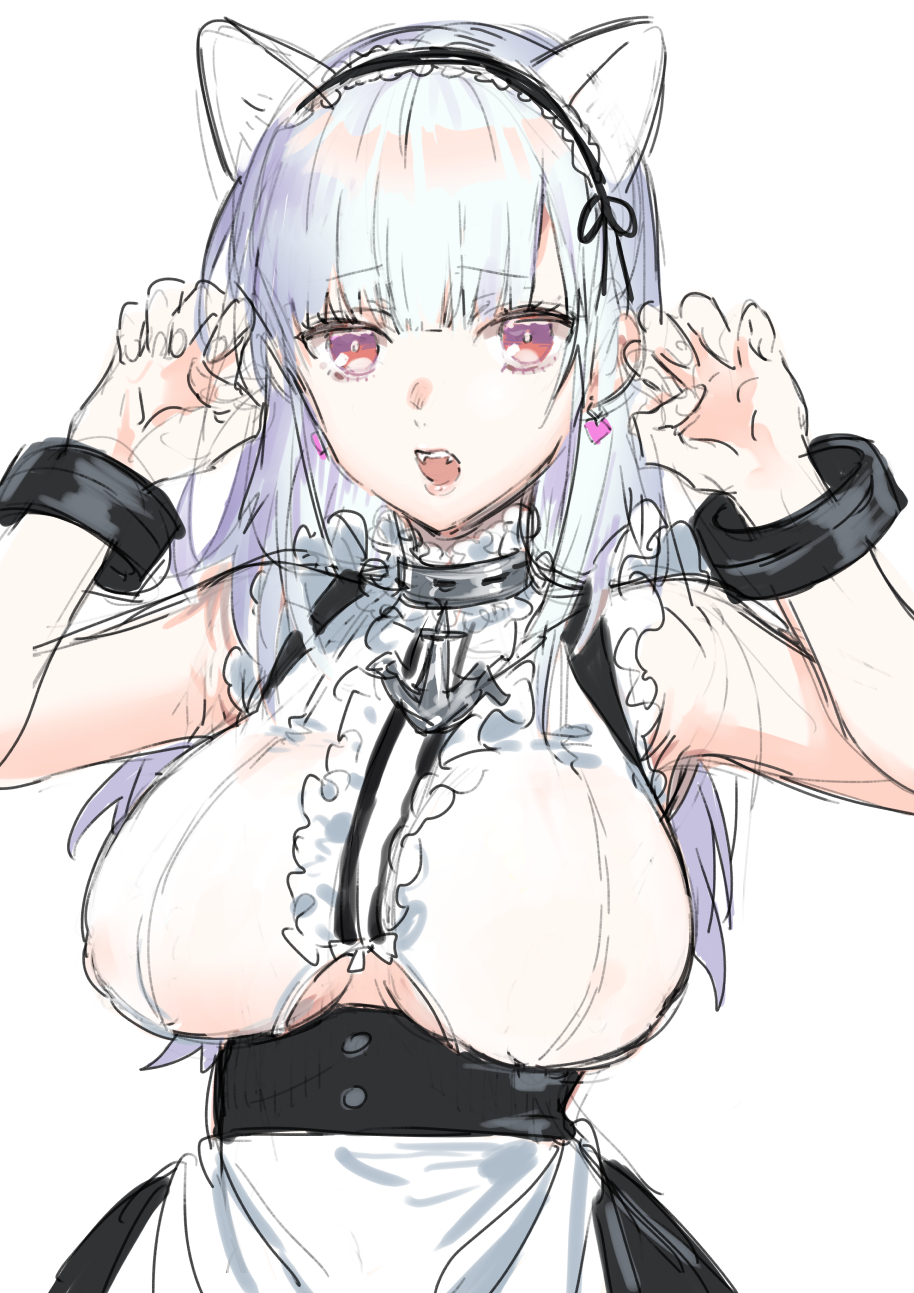 1girl anchor_choker animal_ears apron azur_lane black_hairband breasts cat_ears center_frills choker claw_pose clothing_cutout covered_erect_nipples dido_(azur_lane) earrings fake_animal_ears frilled_choker frills grey_hair hairband heart heart_earrings highres jewelry large_breasts long_hair looking_at_viewer maid maid_apron nakayama_miyuki open_mouth pink_eyes purple_eyes red_eyes shirt simple_background sketch sleeveless solo underboob underboob_cutout waist_apron white_apron white_background white_hair
