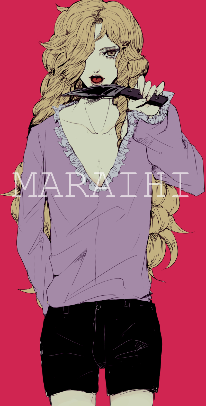 1boy androgynous blonde_hair chiyoko_(artist) collarbone cowboy_shot curly_hair drill_hair eyelashes flat_color frills hair_over_one_eye highres knife long_hair looking_at_viewer male_focus maraich_juschenfe open_mouth patalliro! red_background short_shorts shorts simple_background solo v-neck yellow_eyes